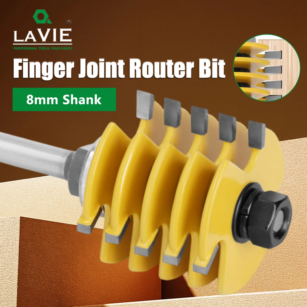 LAVIE 8mm Shank Full Split Finger Joint Router Bit 1-7/8" Dia 5 Wings Adjustable Woodworking Tenon Cutter 36mm Cutting Depth
