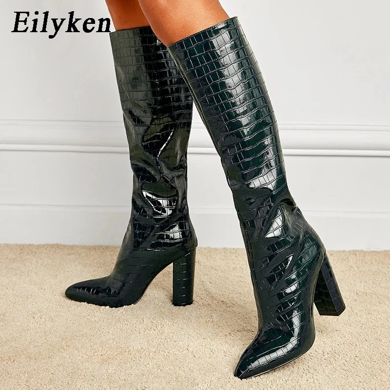 Eilyken New Fashion Solid Color Snake Pattern Women Knee-High Boots Pointed Toe Winter Ladies Long Booties Handmade Shoes