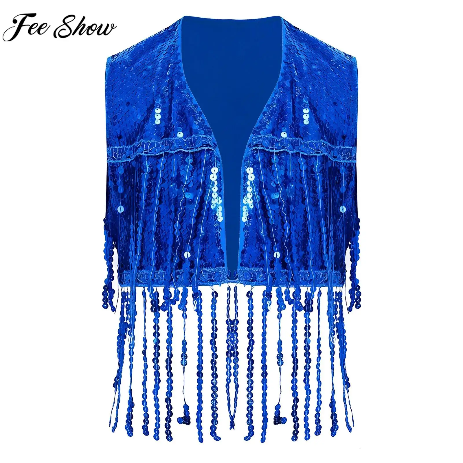 

Детский укороченный жилет с блестящими пайетками и кисточками для девочек, жилет в стиле хип-хоп, джаз, латинский танец, ча-ча, школьный хор, костюм для выступлений, танцевальная одежда