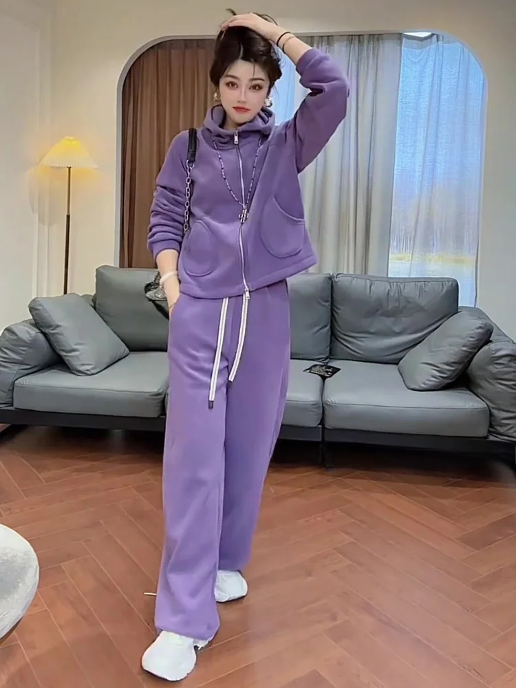 

Fashionable Street Style Casual Sportswear Set Women's Winter High-End Purple Jacket Top Wide Leg Pants Two-Piece Set