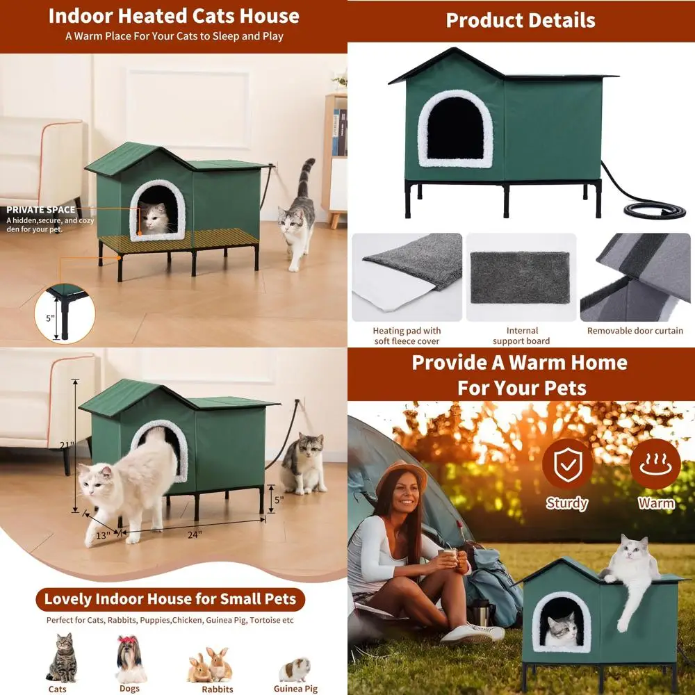 

Green Large Outdoor Insulated Heated Cat House for Stray Cats with Elevated Bed and Heating Pad