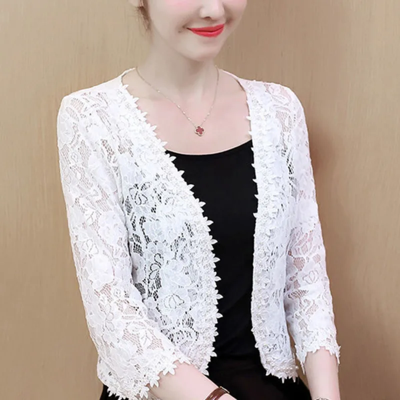 #5326 Summer Black White Red Short Lace Jacket Women Thin Sexy Perspective Ladies Jackets Vintage Cardigan Kimono Coat Female