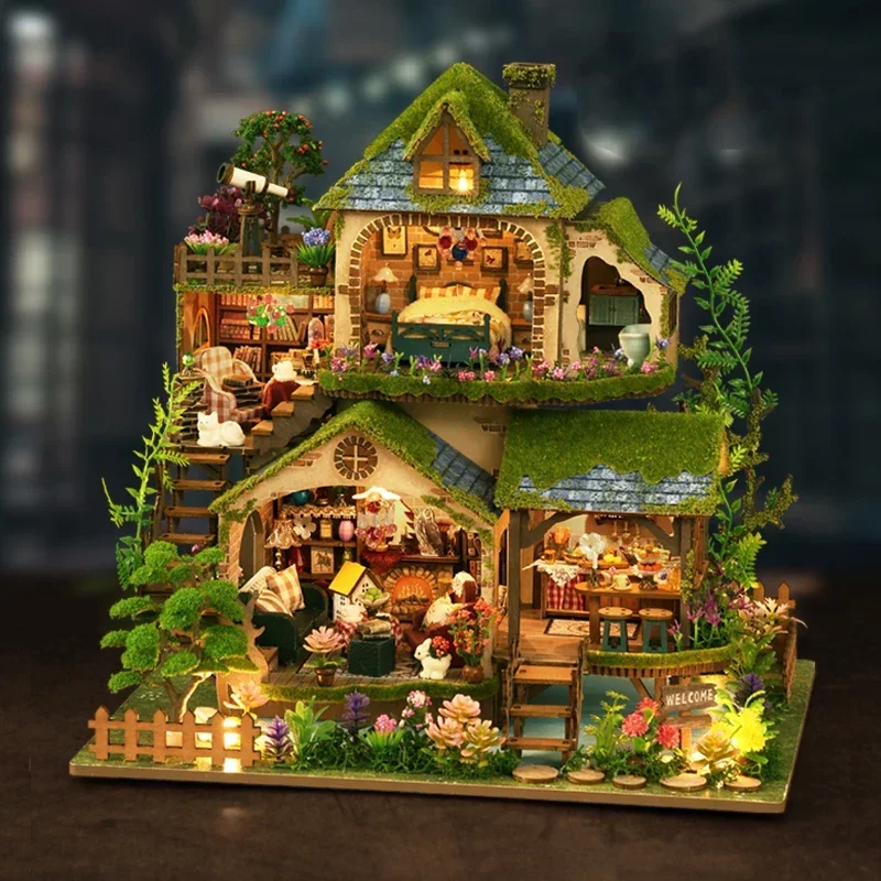 

DIY Wooden Doll Houses Forest Adventures Casa Miniature Building Kit Villa Dollhouse with Furniture Led Lights for Girls Gifts