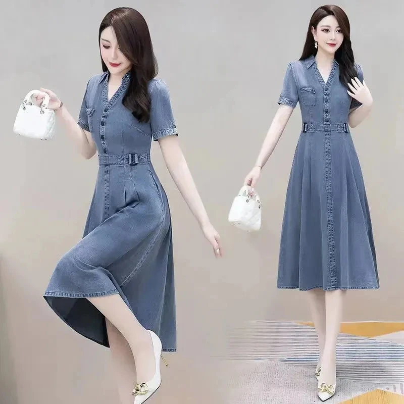 Women's Long A-line Denim Dress, Slim Jeans Dresses, Female V-neck, Large Size, Temperament, Spring, Summer, New, Fashion, 2023