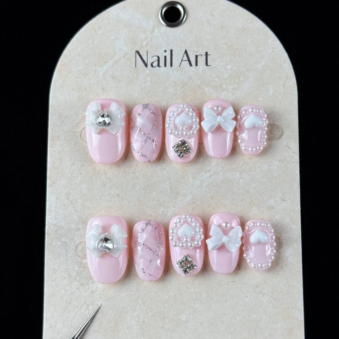 10pcs high-end Cute and sweet style, hand-painted three-dimensional white bow, hearts, shiny small pearls handmade fake nails