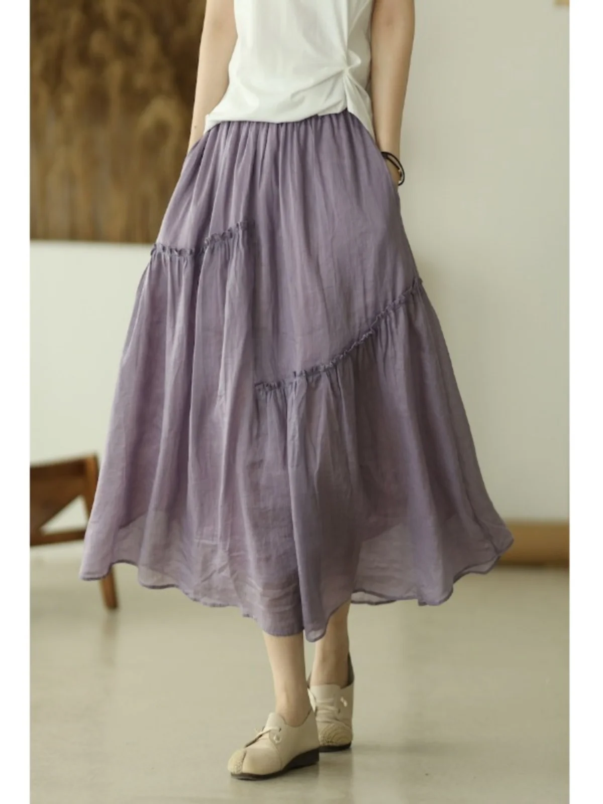 Jupe féerique asymétrique Double couche en coton et lin pour femmes, couleur Pure, taille haute, ligne a, pour les déplacements artistiques, été