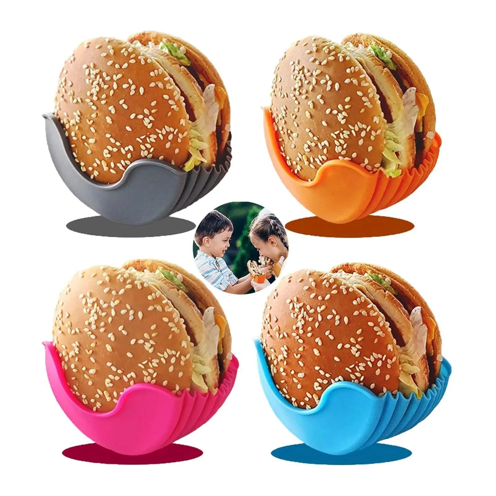 Retractable Reusable Hamburger Sandwich Burger Holders Fixed Box Clip Rack, Adjustable Silicone Container Boxes for Eating