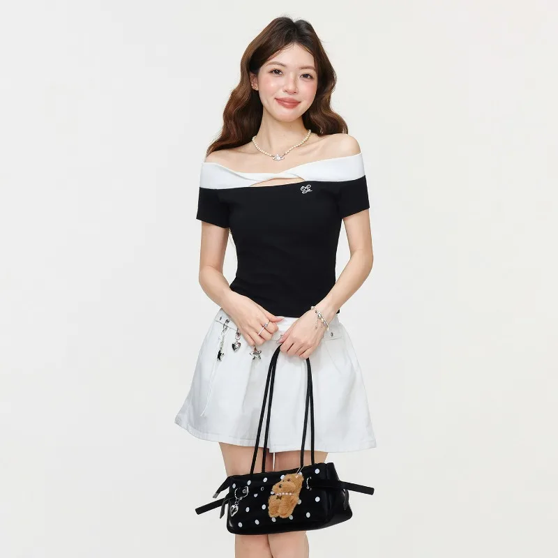 

short-sleeved T-shirt twisted contrasting color one-shoulder collar women summer letter-embroidered slant-neck off-the-shoulder