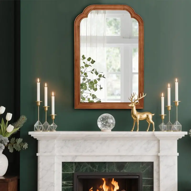 مرآة زخرفية زاوية مستديرة من الخشب الصلب مقاس 24 × 36 بوصة باللون البني الأصفر لغرفة النوم والحمام وغرفة المعيشة وديكور المدخل #2