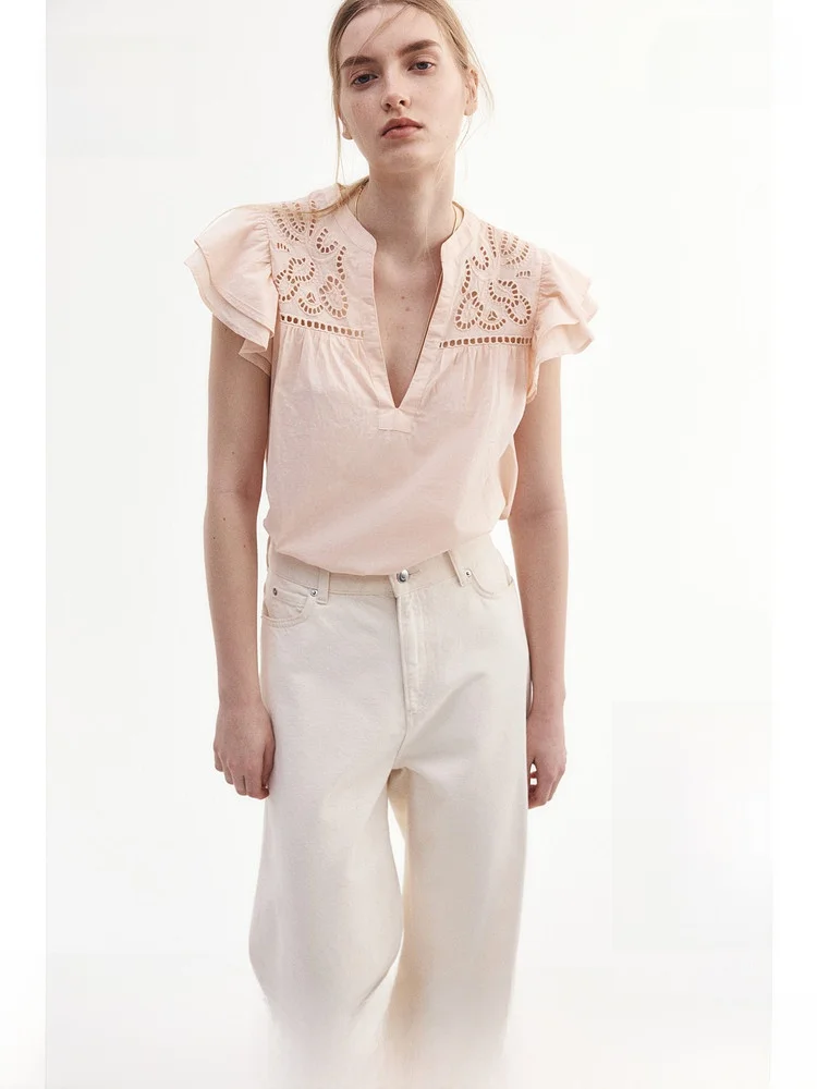 

H&M Женская одежда с вышивкой V-Ne Princ Sle Cotton ort Sve Color Spring 2025 Faion Trend