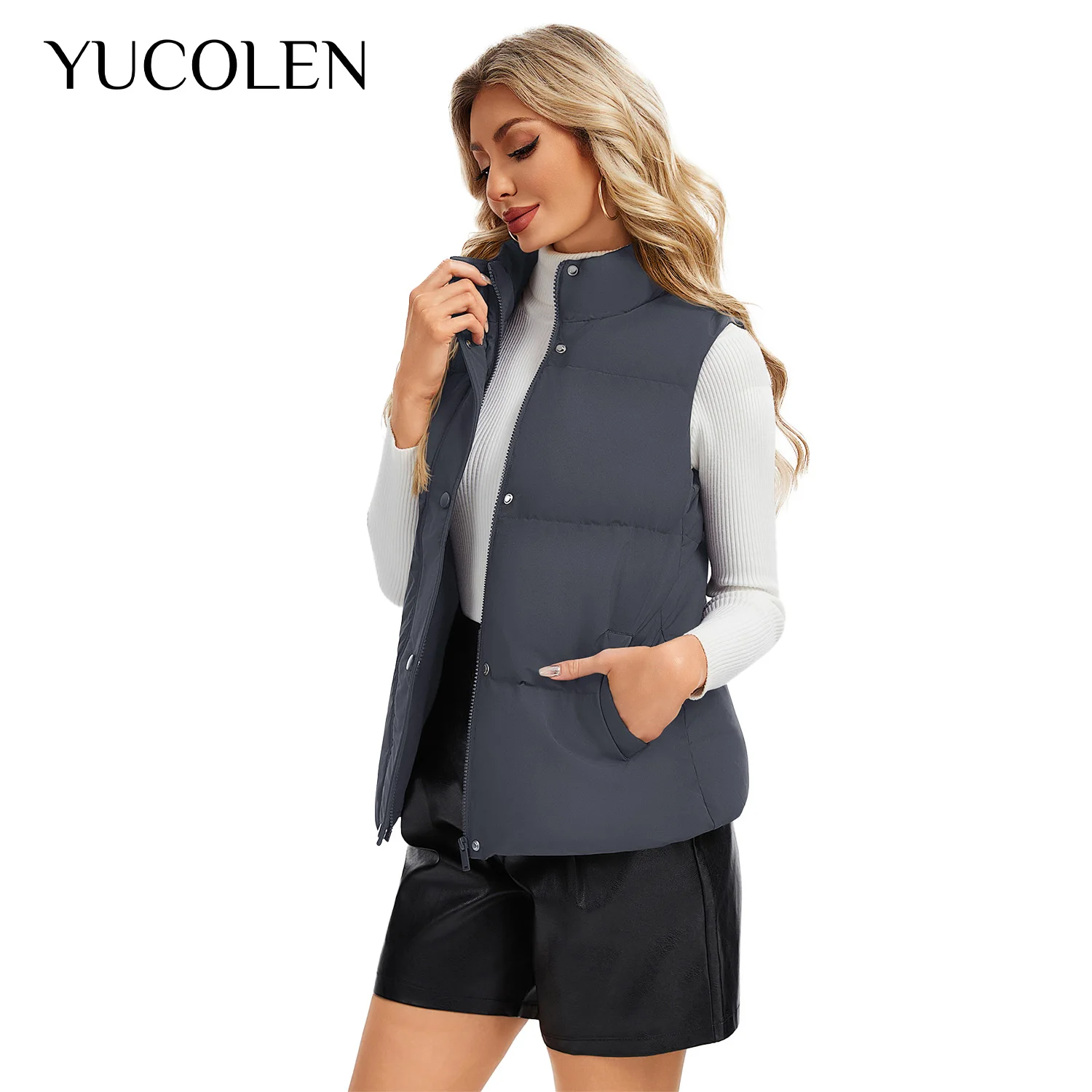 YUCOLEN Women Stand Collar Padded Vest Dual Zip Snap Button Sleeveless Quilted Gilet With Pockets Casual Loose Fit Layering Wais