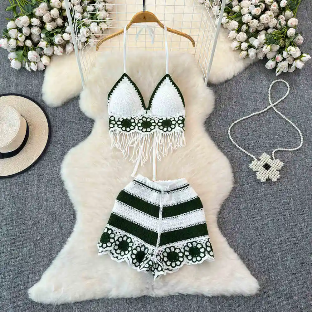 

Beach Fashion Set Sexy V-neck Hanging Neck Tassel Tank Top Hook Flower Vest + High Waist Hollow Out Wide Leg Shorts Summer New