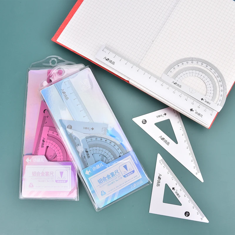4Pcs/Set Aluminium Ruler Set Metal Geometry Maths Drawing Compass Rulers School
