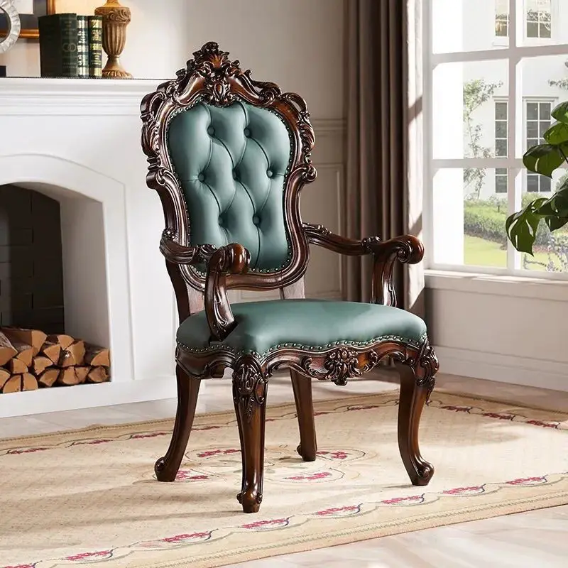 

American book chair solid wood carving flower boss household leather European and American style casual European light luxury
