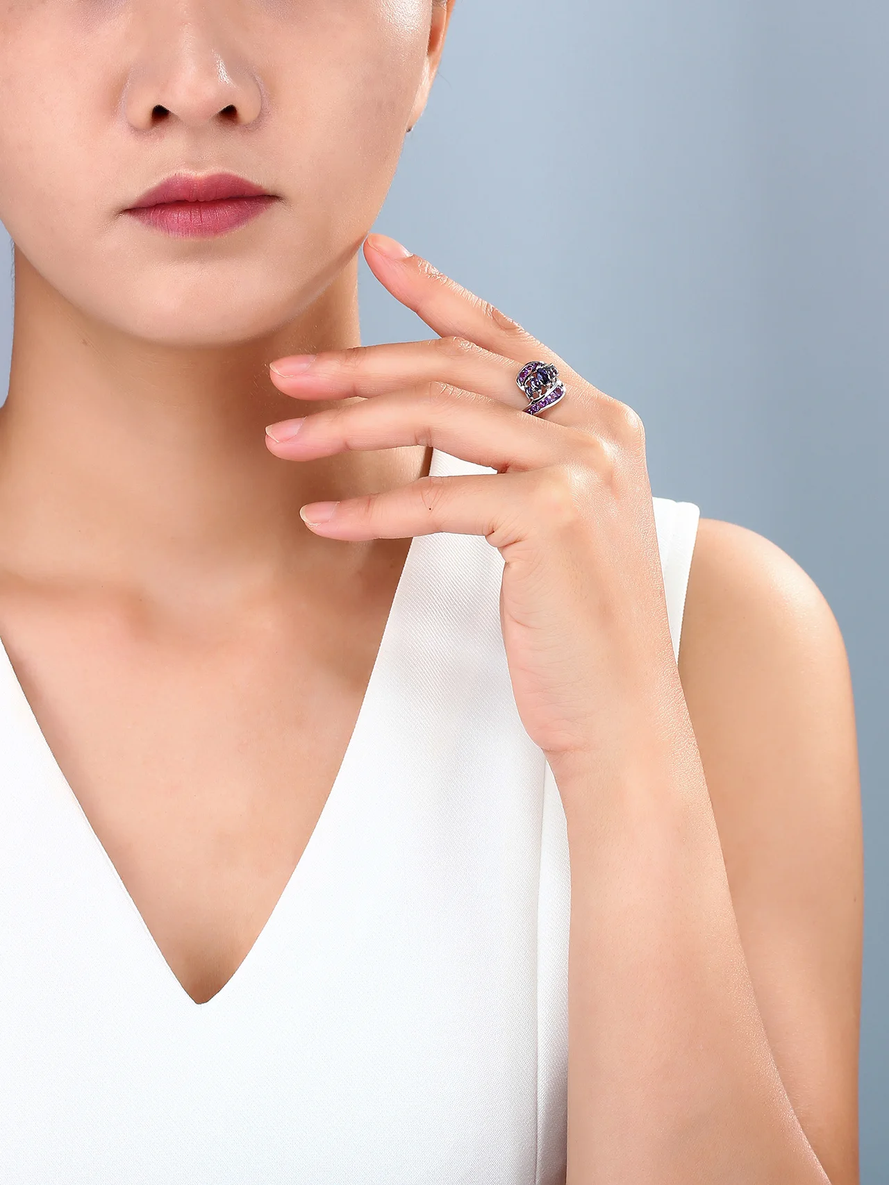 Iolite and Amethyst Rhodium Over Sterling Silver Ring