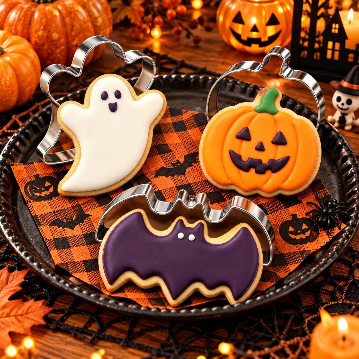 3PCS Halloween Cookie Cutter Set Food-Safe Stainless Steel Bat Pumpkin Ghost Molds for Candy Fruit Pancake Holiday Home Baking