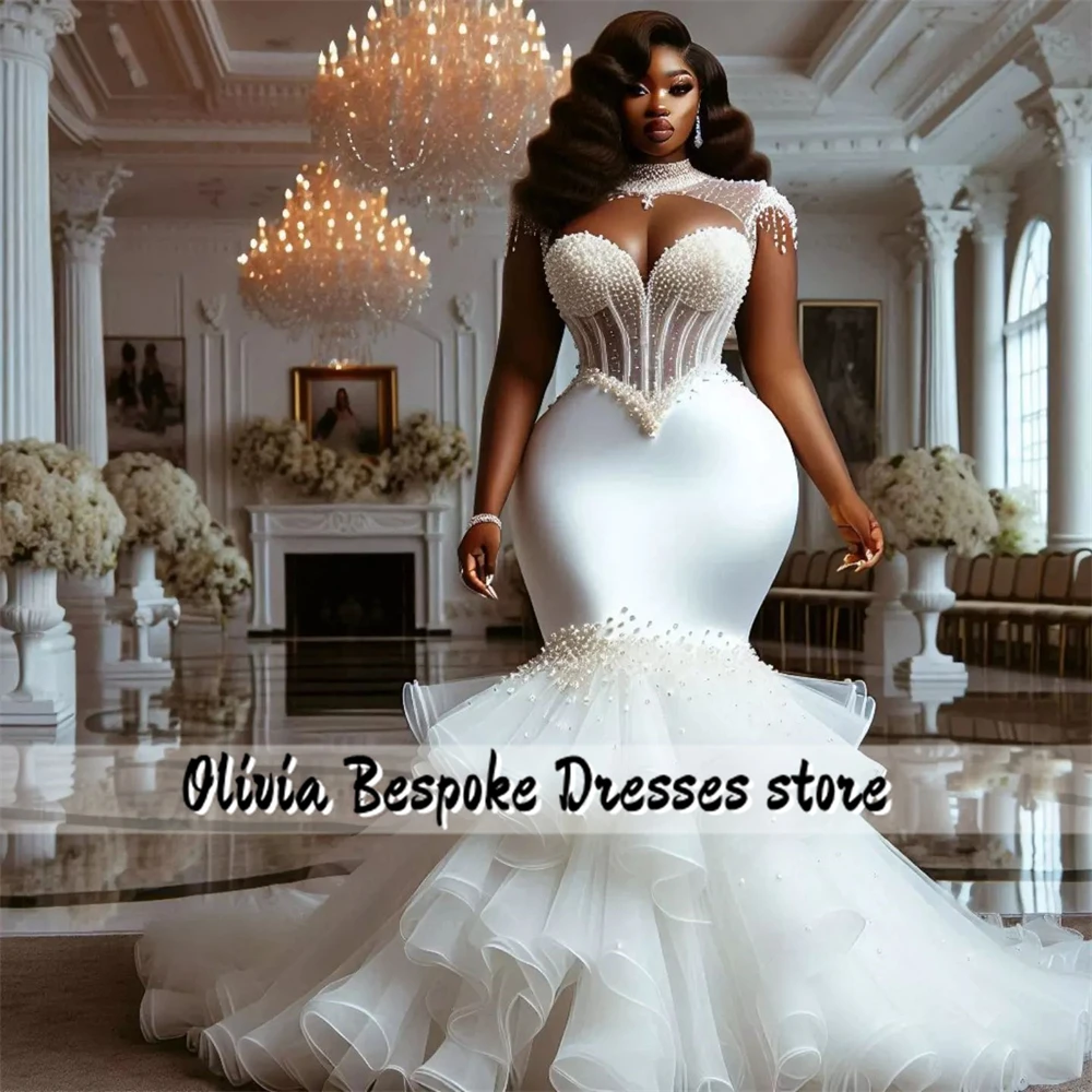 Attractive Beaded Pearls Wedding Dresses 2024 Bride Aso Ebi Tiered Ruffles High Neck African Mermaid White Reception Customized