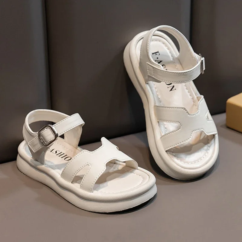 2024 Summer Girl Sandals Fashion Solid Color Children Causal Versatile Open-toe Beach Shoes Breathable Kids Thick Bottom Sandals