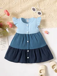 2024 Baby Girls Summer A-Line Color Breasted Dress Short Sleeve Flying Sleeve Breasted Baby Girls Cute Little Skirt Simple