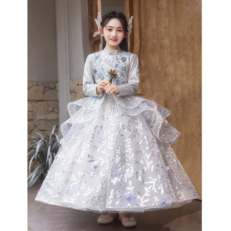 Girls' Formal Dress Princess Dress 2025 New Fashion Show Children's Spring and Autumn Long Sleeve Evening Dress Piano Performanc