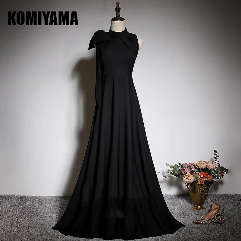 

Black New Design Sleeveless Simple Banquet Wedding Party Vestidos Slim Waist Evening Dresses Bow Design Prom Dress