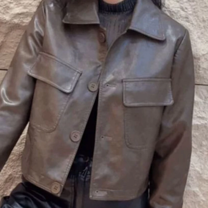 Primavera e outono feminino casaco superior jaqueta retro curto jaqueta de couro cor sólida simples confortável high-end macio versátil fino