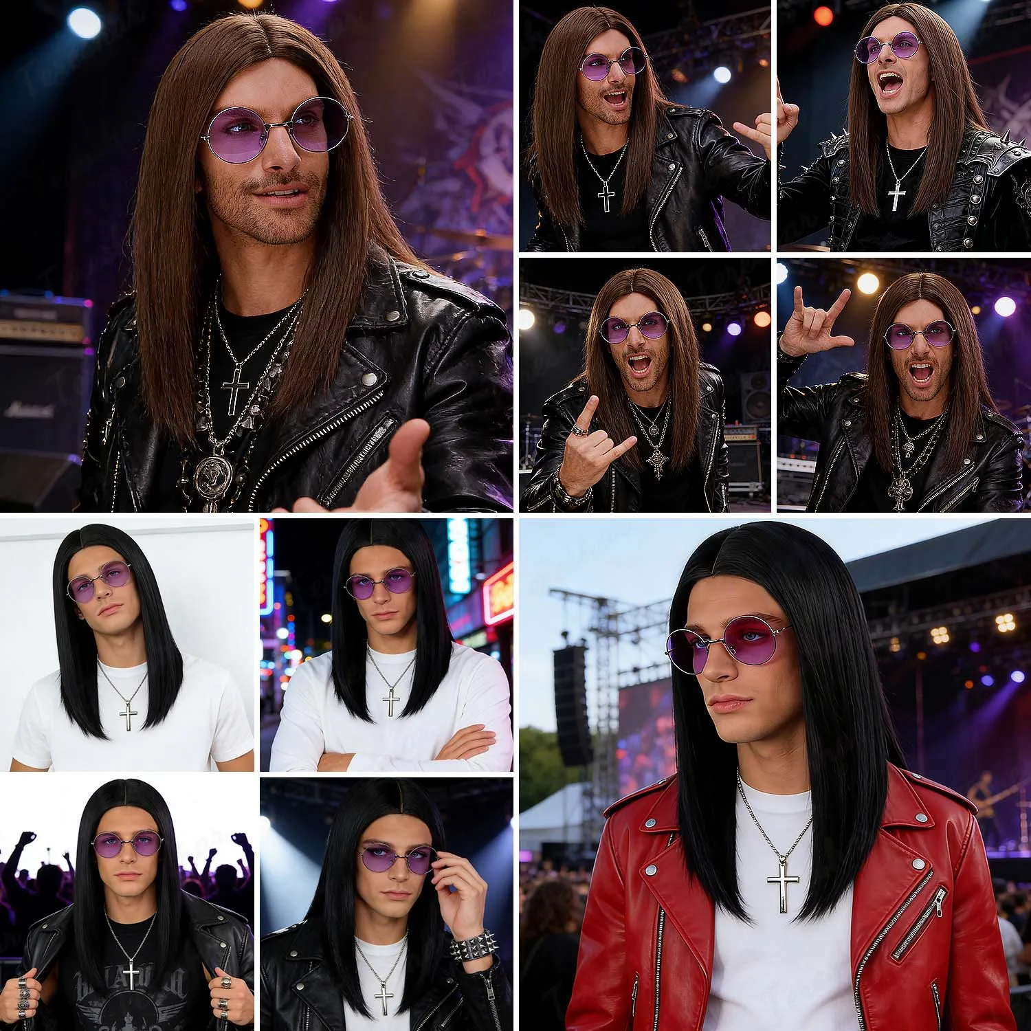 Synthetic Long Brown|Black Straight 80s Heavy Metal Rocker Wig for Men Including Cross Necklace and Glasses, Ozzy Osbourne Wig