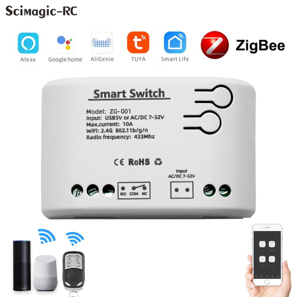 ガレージドアオープナー用スマートスイッチリレーモジュール,zigbee,tuya,wifiモーター,usb,5v,ac,dc,7-32v,85-250v,rf433,1ch