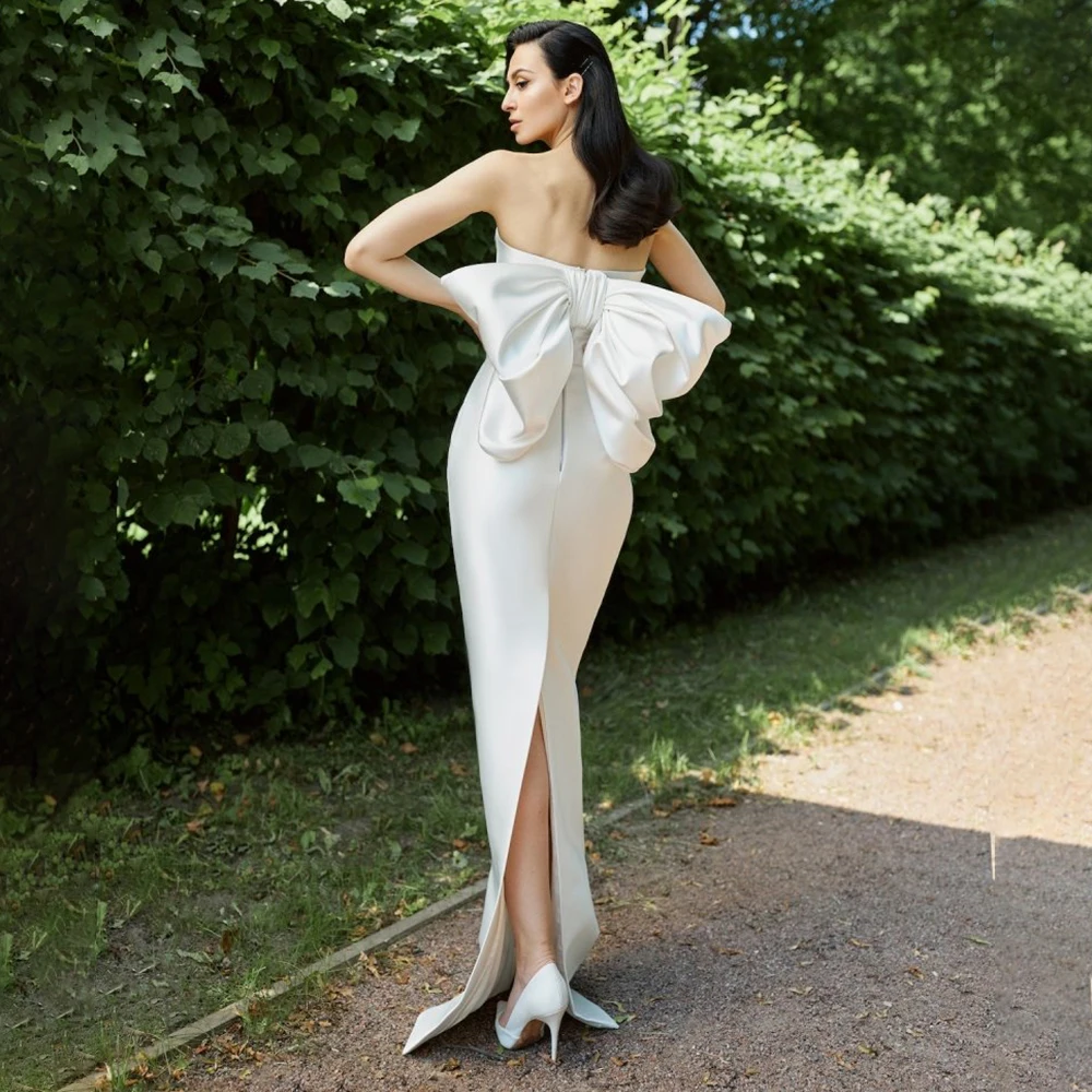 

Column Wedding Dress Long Whtie Satin Big Bow Elegant Wedding Gowns for Women 2024 Bride Sweetheart High Slit Simple Bridal Gown