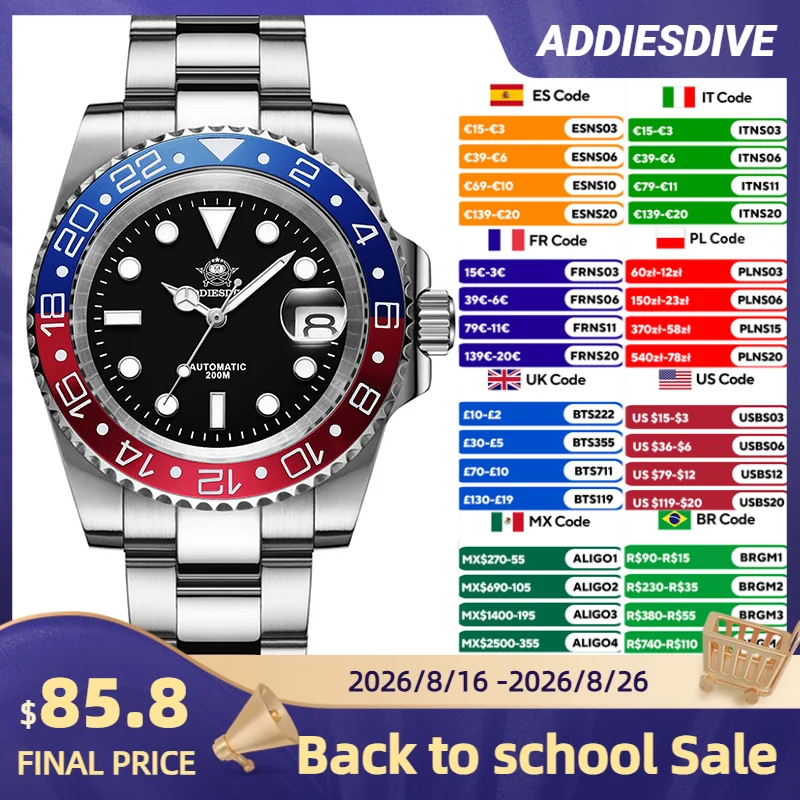 ADDIESDIVE Männer Automatisierung Uhr Saphirglas BGW9 Super Leuchtende Analoge Uhren Wasserdicht 20Bar männer Tauchen Uhr AD2503