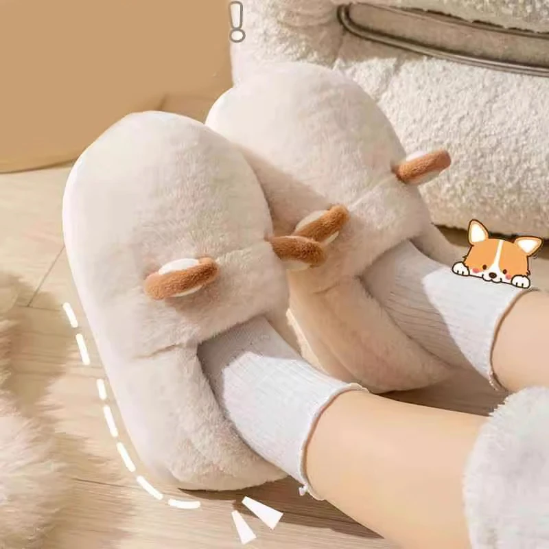 2024 new cotton slippers with wrapped heels female corgi dog home slippers domestic thick soled warm plush shoes male