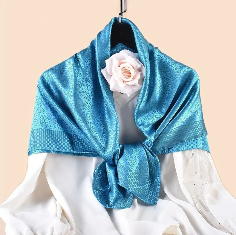 Luxus Blumendruck Seide Quadrat Schal Frauen Weiche Satin Kopftuch Halstuch Kopf Hijab Dame Stirnband Foulard Tasche Ribbo 90x90 cm – Detail 7