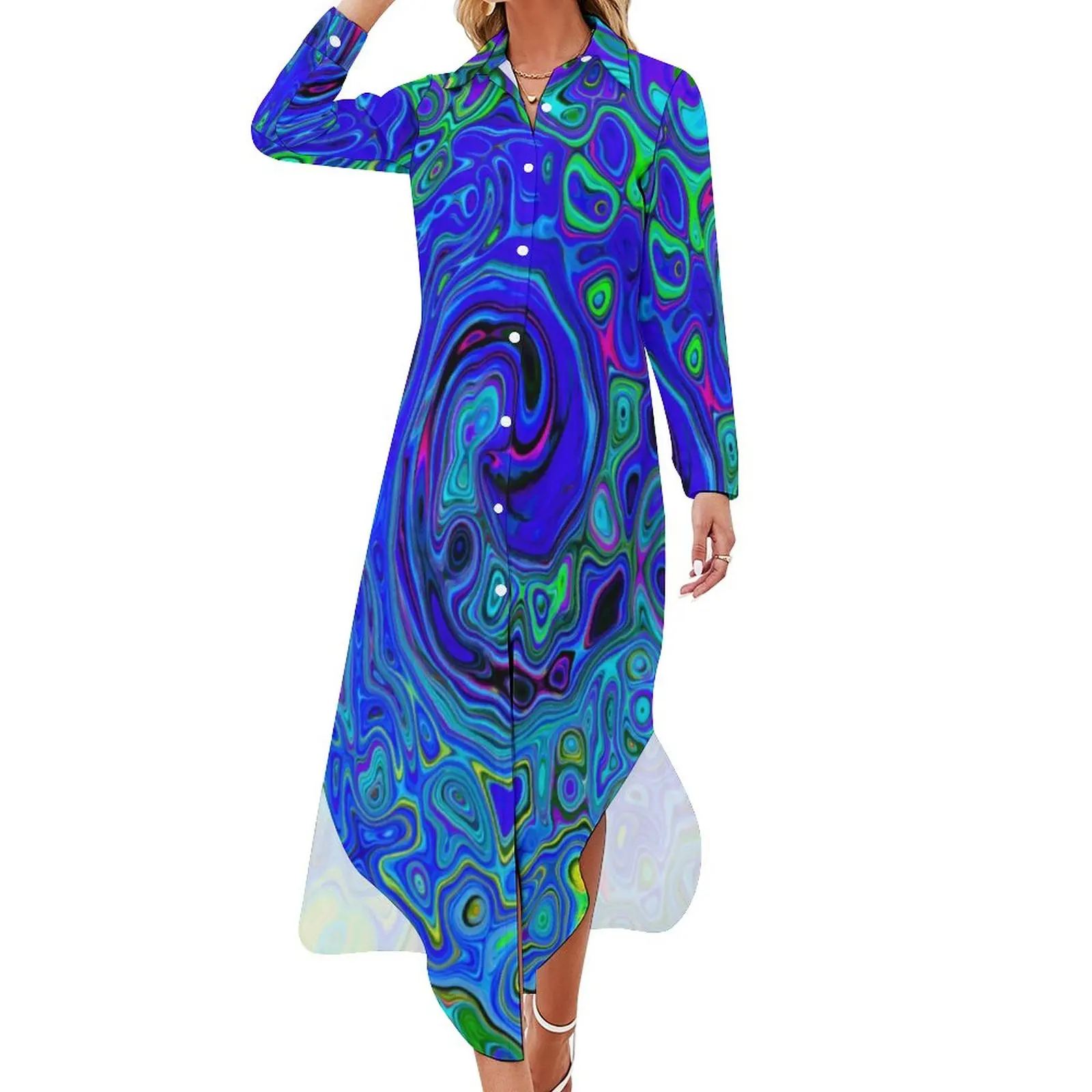 Retro Liquid Casual Dress Blue Abstract Print Street Fashion Dresses Long Sleeve Vintage Ladies V Neck Oversized Chiffon Dress