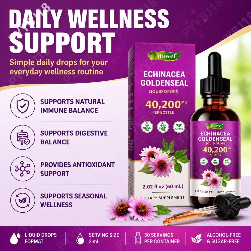 Echinacea Goldenseal Liquid Drops Natural Immune Digestive Balance & Antioxidant Support Plant Based Alcohol & Sugar Free 60ML