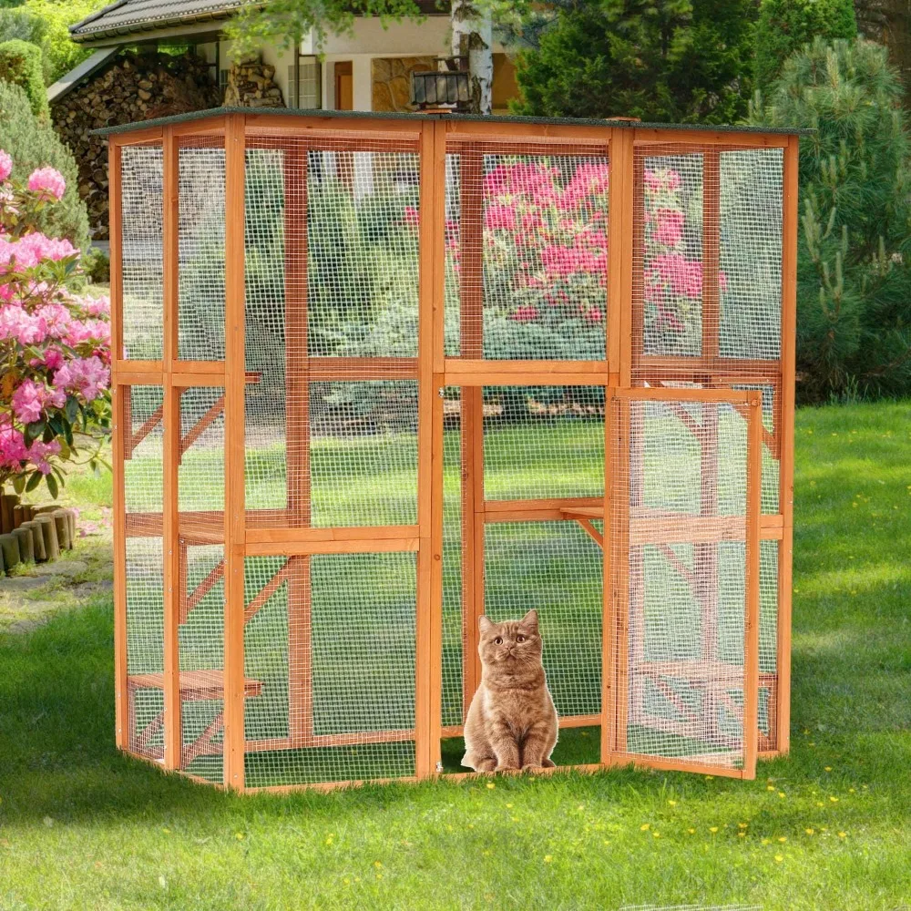 Outdoor Cat House Big Catio Wooden Feral Cat Shelter Enclosure with Large Spacious Interior 6 High Ledges Weather Protection