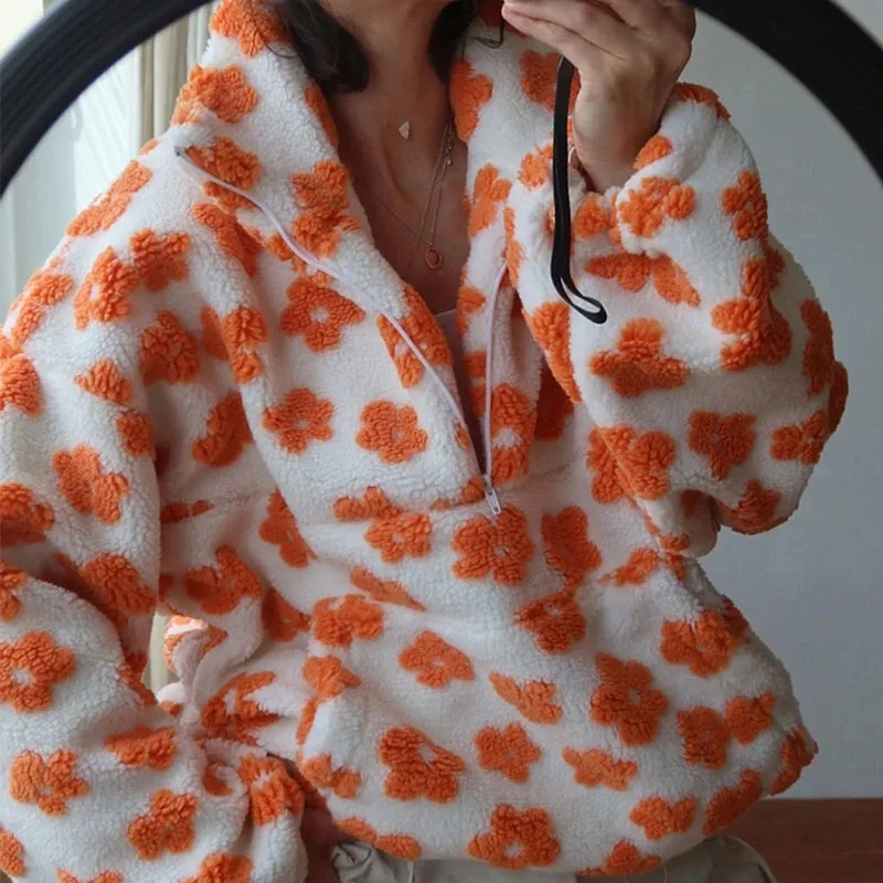 Winter New Long Sleeve Loose Commute Sweatshirts Ladies Autumn Zipper Warm Tops Leisure Stand Collar Floral Printed Pullovers