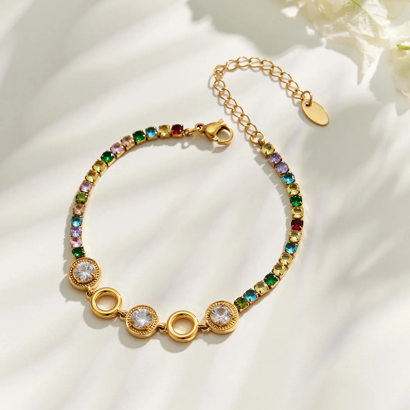 Voller Farbiger CZ-Armreif Tennis-Armbänder Zirkon-Blumen-Armband 18k Vergoldete Edelstahl-Kettenarmbänder für Damen – Detail 14