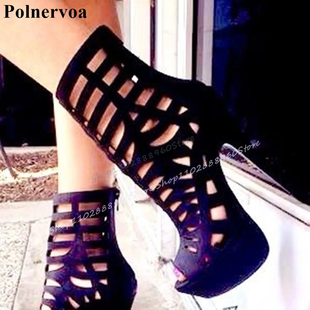 

Stylish Black Flock Hollow Platform Sandals Thin High Heel Women Shoes Back Zipper Peep Toe 2025 Fashion Zapatos Para Mujere