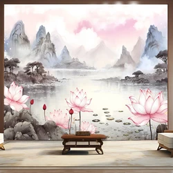 Papel Tapiz de estilo chino con foto personalizada, pintura al óleo de paisaje de loto rosa, Mural para sala de estar, estudio, TV, sofá, decoración del hogar, Papel Tapiz 3D