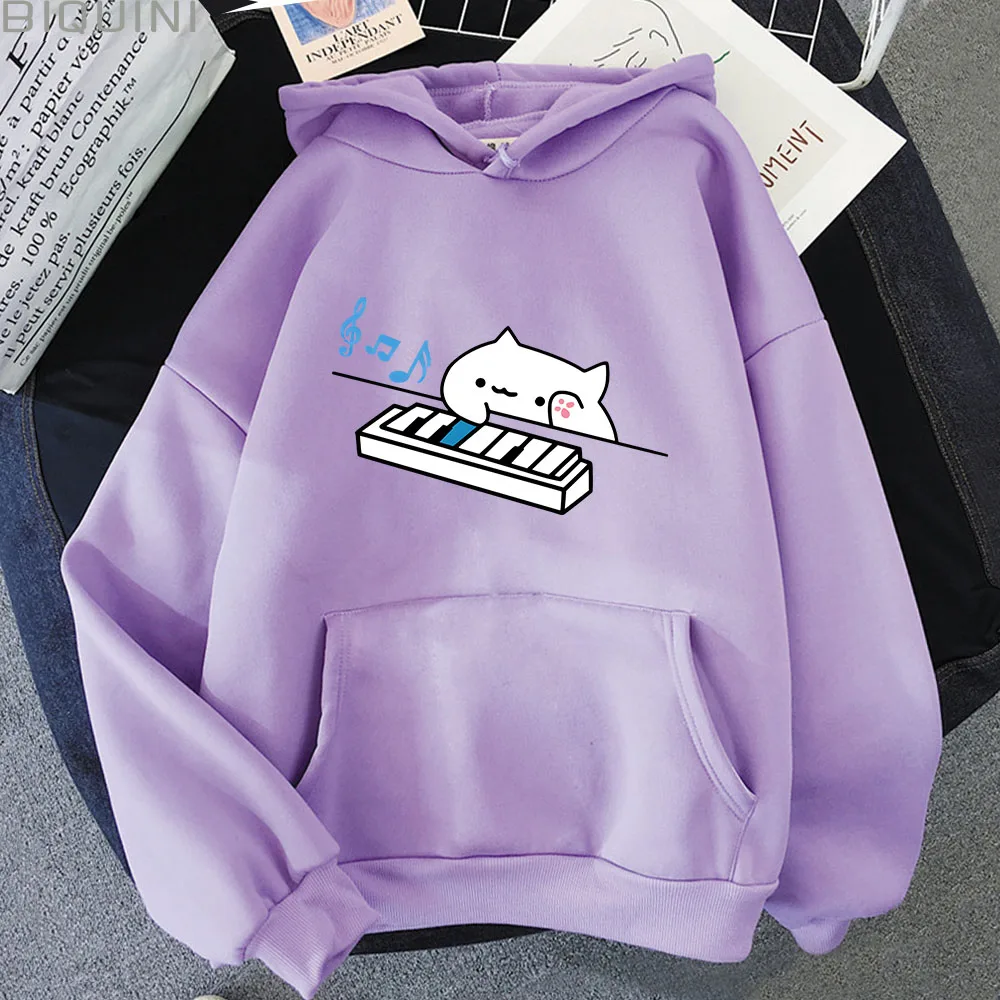 بونغو القط هوديس يلعب البيانو Kawaii الجرافيك بلوزات للنساء الملابس الإناث الرجال عادية Y2k ملابس طويلة الأكمام البلوز
