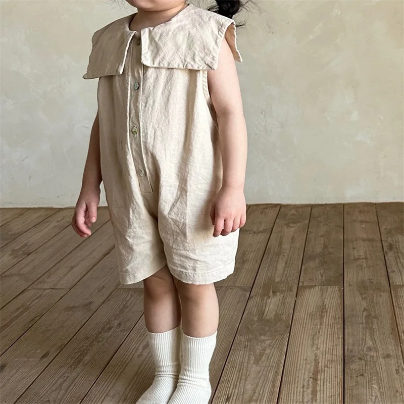 2026 Summer New Baby Sleeveless Loose Jumpsuit Solid Infant Girl Thin Lapel Overalls Cotton Breathable Boys Shorts Kids Clothes