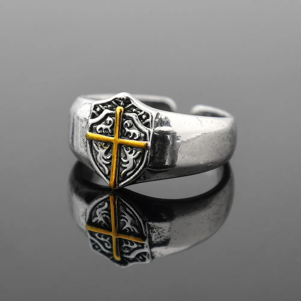 Vintage Creative Knight Shield Cross Men\'s Open Ring Fashion Punk Hip Hop Party Cool Personality Jewelry Accessories Gift