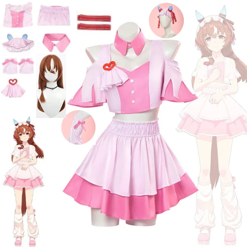 

Anime Uma Musume Stage Cosplay Costume Pink Mini Skirt Hat Brooch Universal Stage Outfit Halloween Anime Game Role Play Clothes