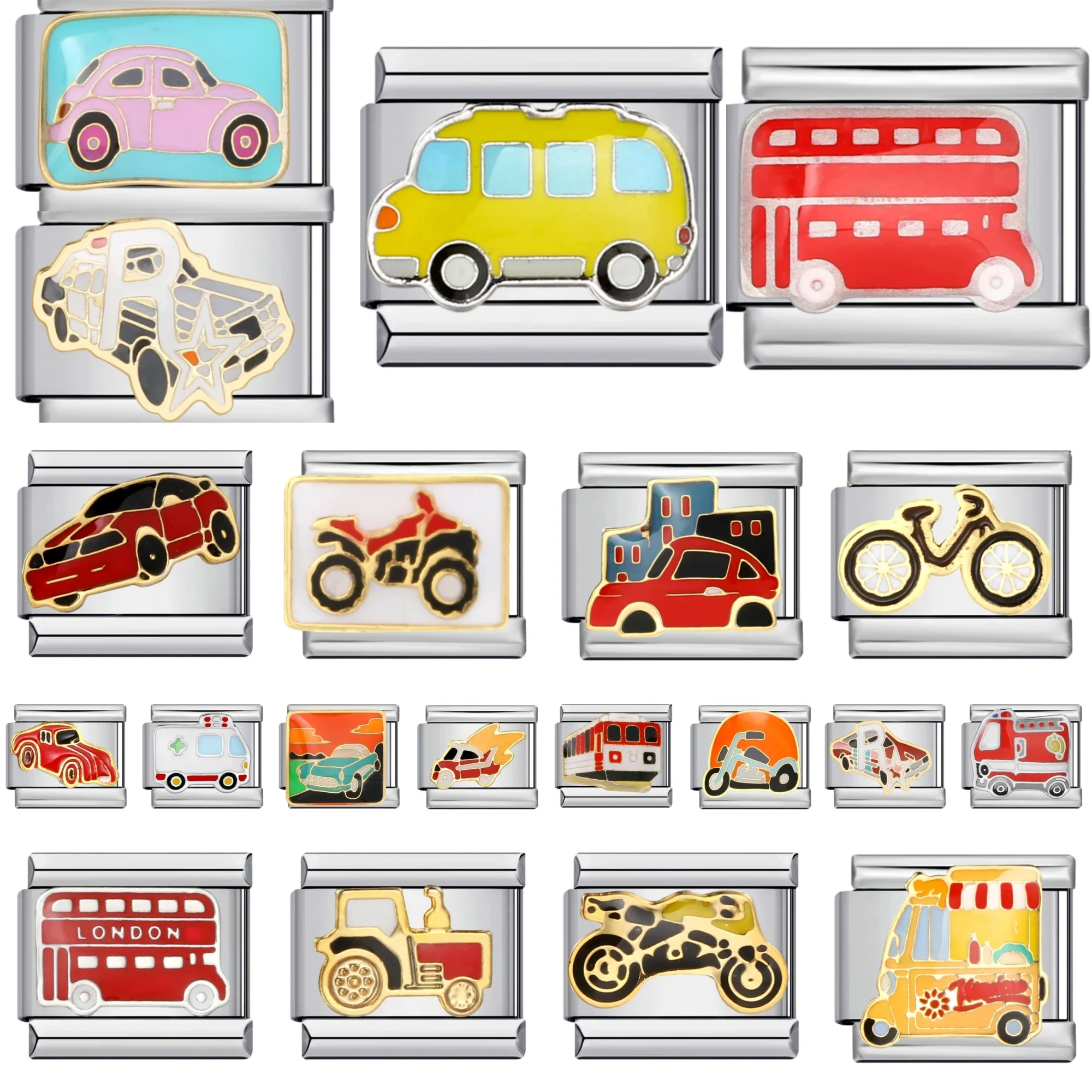 AliExpress UK TOPTOY 1pcs Cartoon Vehicles Bus Bicycle Train Bracelet Stainless Steel 9mm Width Italian Charms Women Men Jewelry DIY Making Gifts