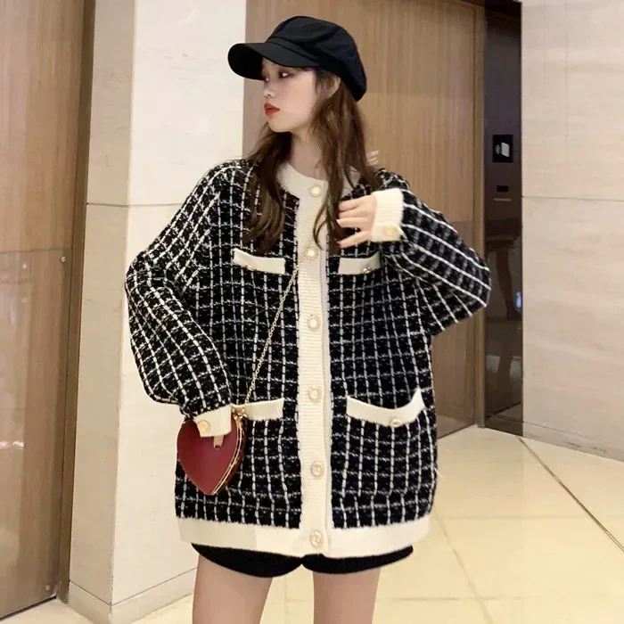 Autumn 2023 Spring Sweater Coat Retro Shirt Check Long Sleeve Single Breasted Plaid Loose Knit Cardigan Tide Ladies QB321