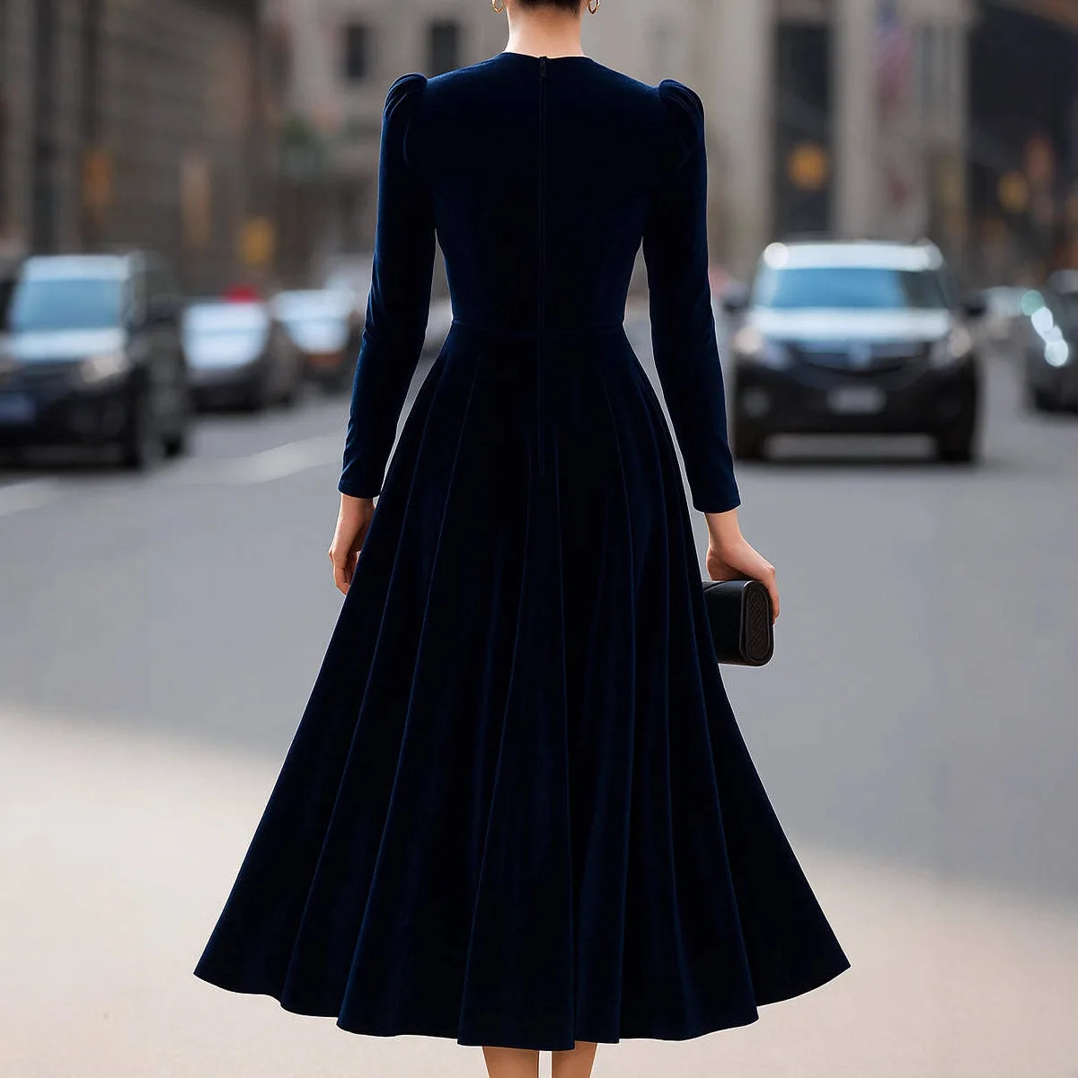 فستان على الطراز الأوروبي والأمريكي، فستان لخريف وشتاء 2025 بتصميم جديد مخملي برقبة دائرية وأكمام طويلة فستان مخملي ذهبي على شكل حرف a