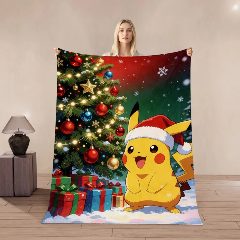 Cartoon Pikachu Flannel Blanket Portable Lightweight Warm Throw Blanket for Couch Bed Office Lunch Break Napping