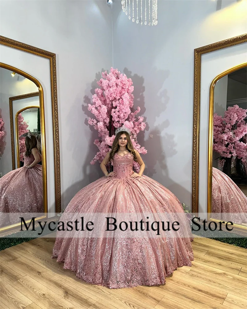 

Rose Gold Tulle Beaded Quinceanera Dress Ball Gown 2025 Sweetheart Lace Sweet 16 Dress Lace-up Birthday Dress Customized