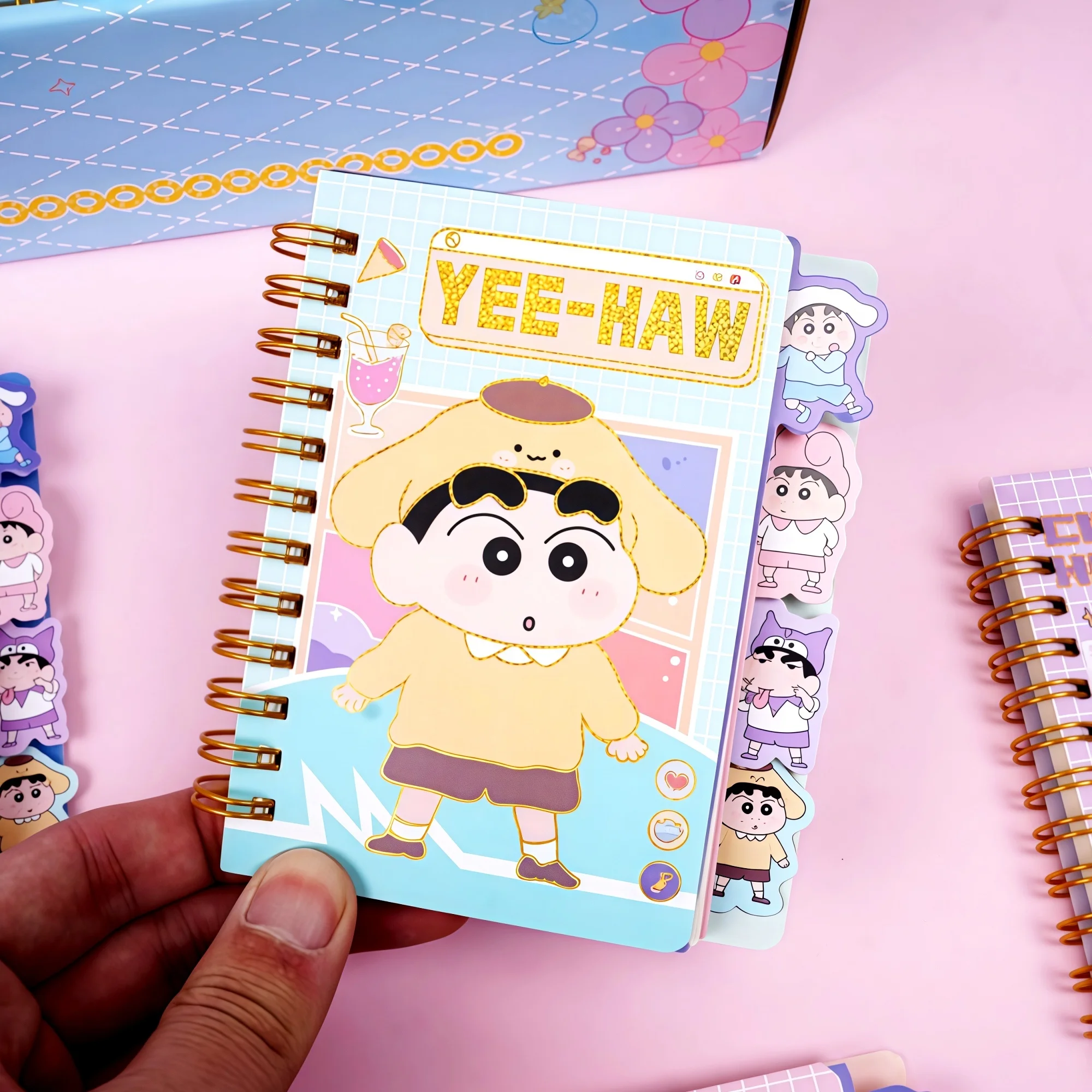 4Pcs Crayon Shin‑chan A7 Laser Hot Stamping Spiral Notebook, Pocket Divider Tab Journal, Anime Student Writing Memo Gift