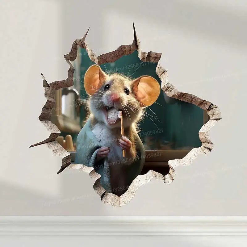 فتحة ماوس لطيفة، ملصق جدار للأسنان في فتحة الحائط، ملصق ثقب الماوس، ملصق جداري لفرشاة الحمام على شكل فأر S794